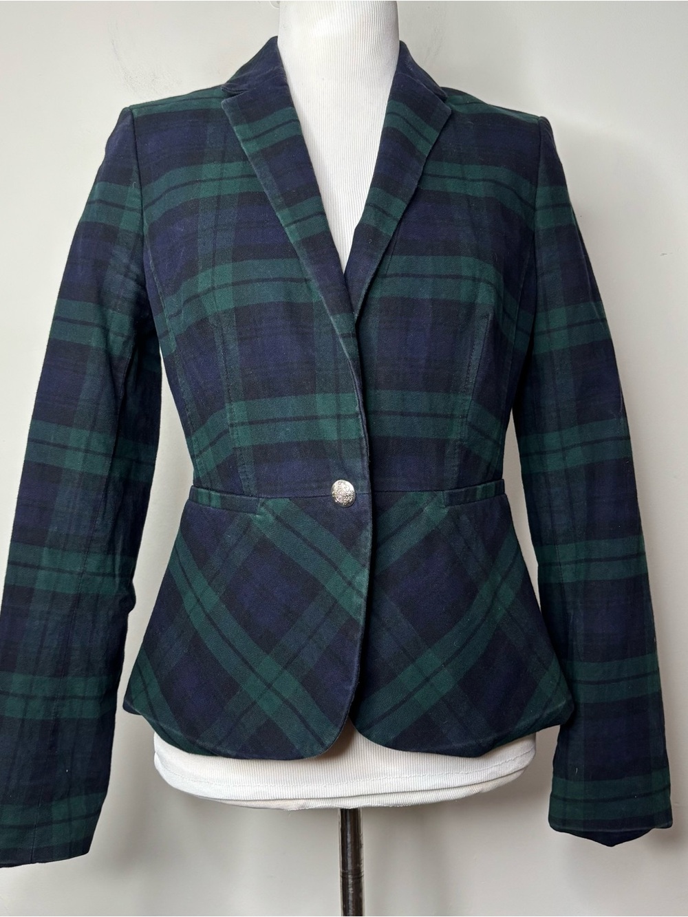 Banana Republic Black Watch Plaid Blazer Navy Green Tartan Single Button Size 6